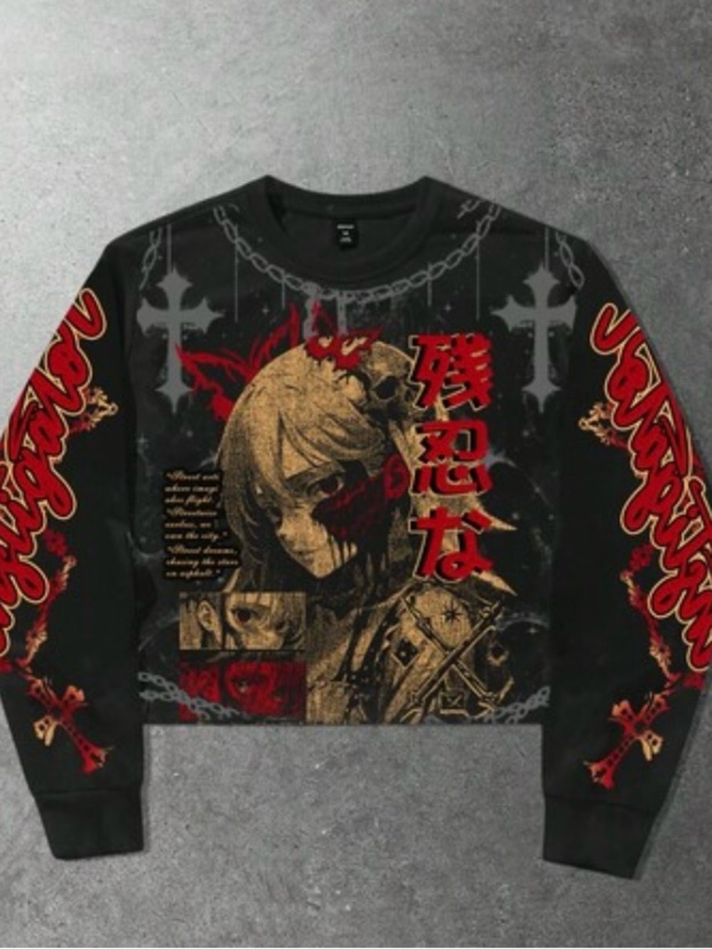Black Graphic Anime-Inspired Crewneck Sweater - Picture 1 of 9